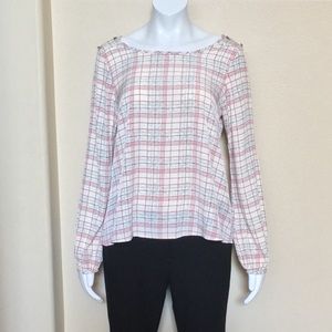 Kiss the Prince Cream Plaid LongSleeve Blouse Sz L